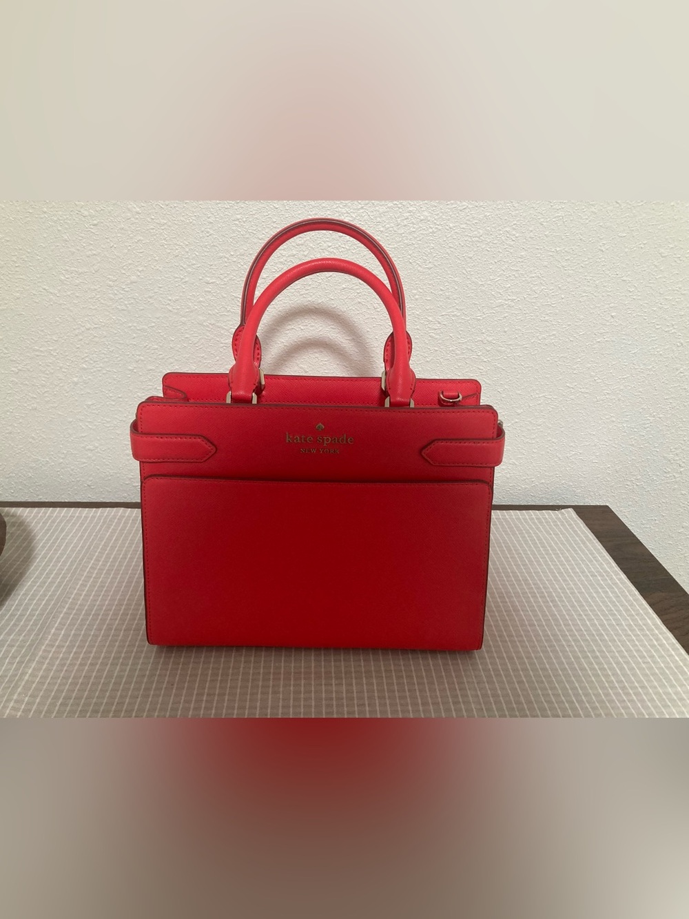 Kate Spade bright red Staci Medium Satchel purse bag textured Saffiano leather